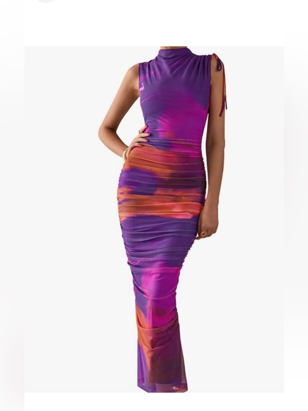 Sleeveless Ombre Purple & Pink Ruched Maxi Dress with Orange Accents